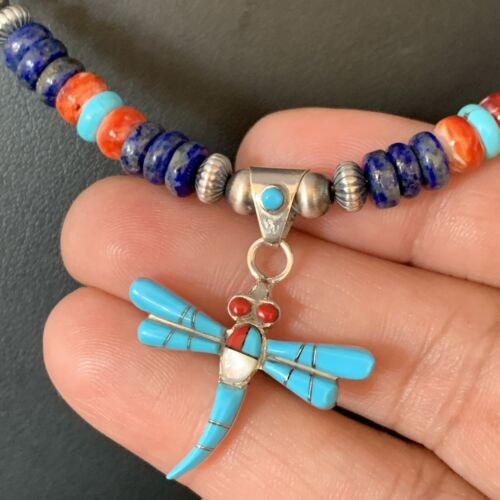 Dragonfly Sterling Silver Turquoise Coral Inlay Multi-Color Pendant