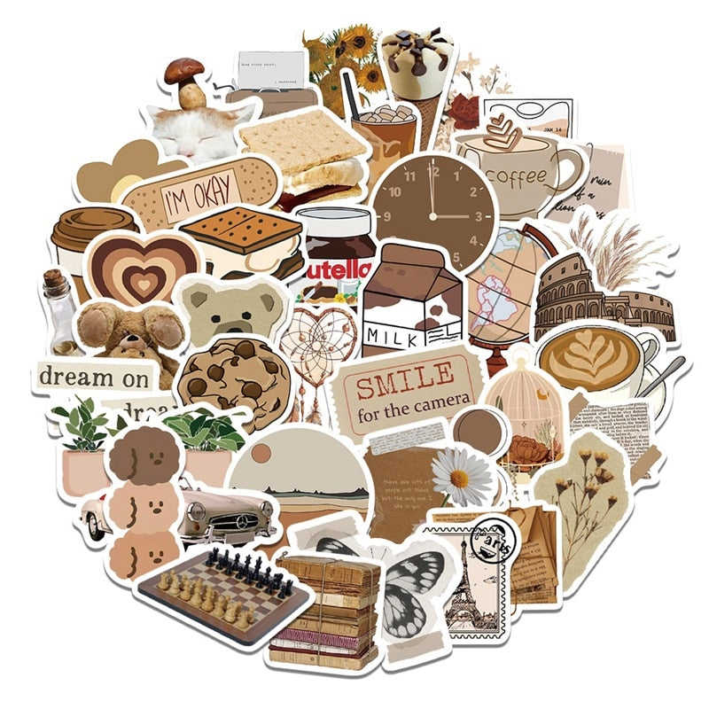 10/30/60 Pieces Vintage Brown Sticker Aesthetic PVC Laptop Sketchbook Childrens Stationery Decoration Scrapbooking School Supplies