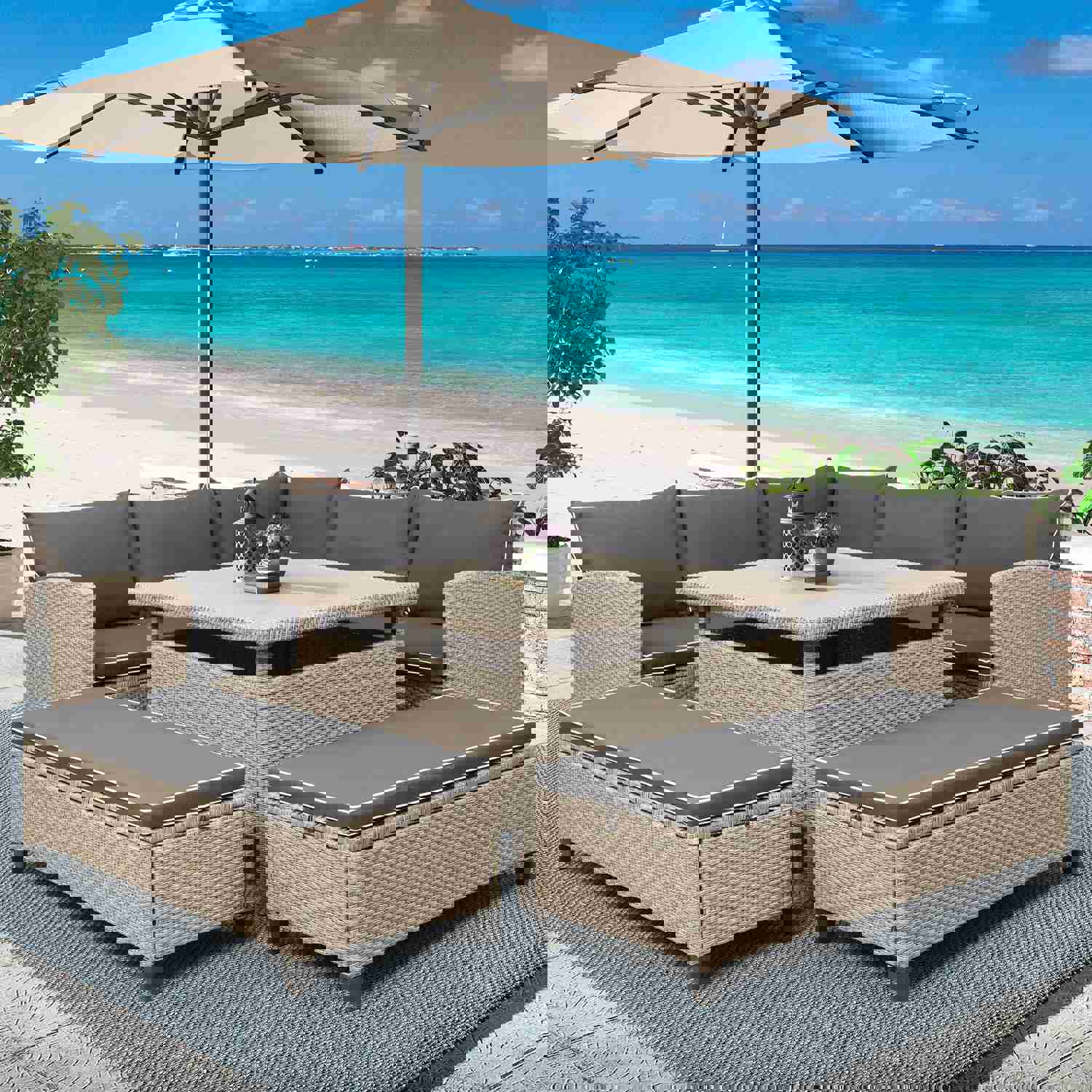 TOPMAX 6-Piece Outdoor Patio Furniture Set - Wicker Rattan Sectional Sofa with Table and Benches