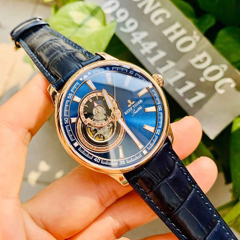 Reef Tiger Automatic Tourbillon Luxury Watch for Men - Stainless Steel Case & Sapphire Crystal