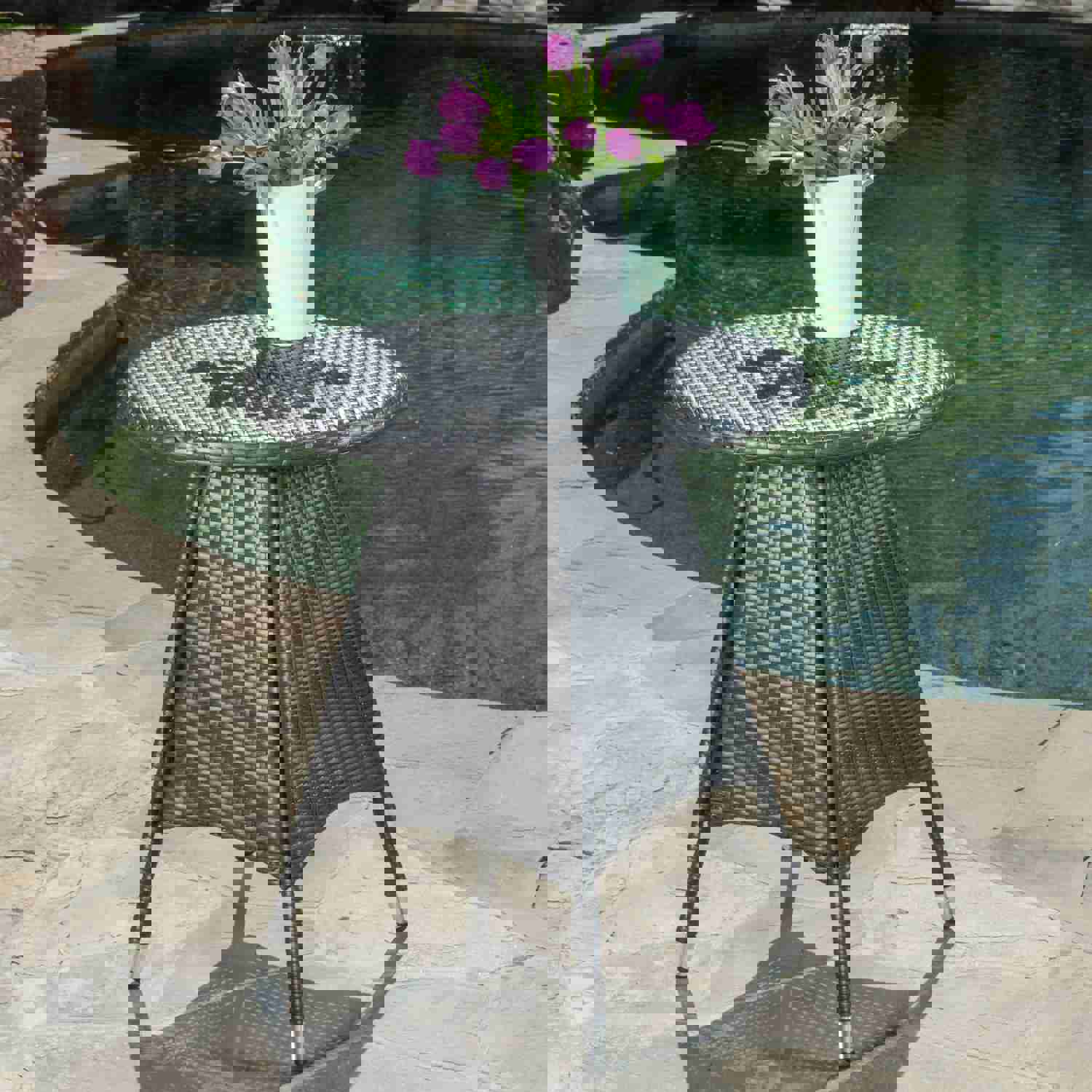 Bristle Outdoor Round Gray Wicker Bistro Table with Umbrella Hole