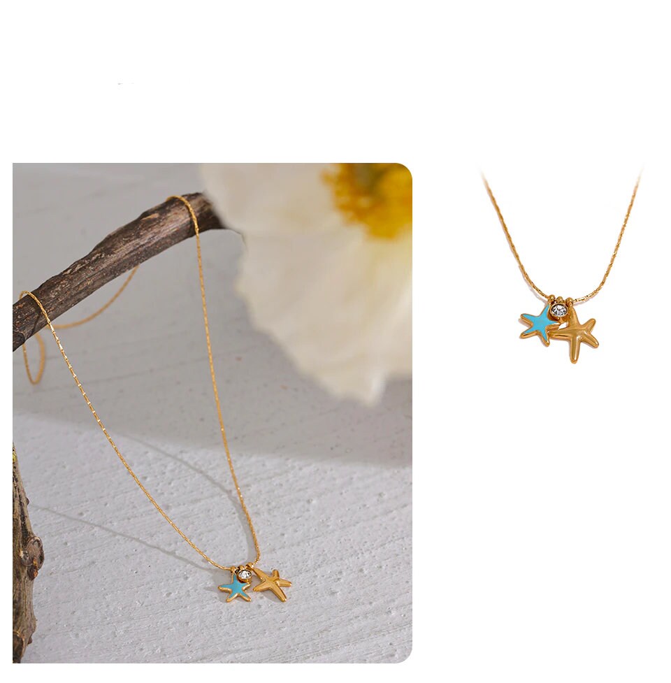 Enchanting Cove Starfish Necklace - Gold & Turquoise with CZ Crystal Drop