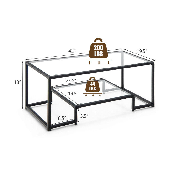 Modern 2-Tier Rectangular Coffee Table with Tempered Glass Top