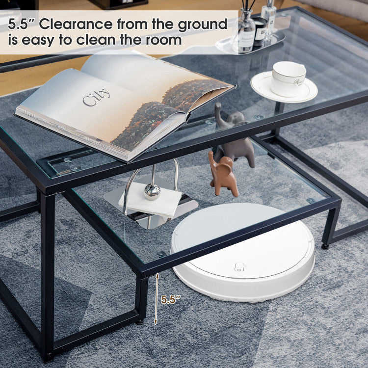 Modern 2-Tier Rectangular Coffee Table with Tempered Glass Top