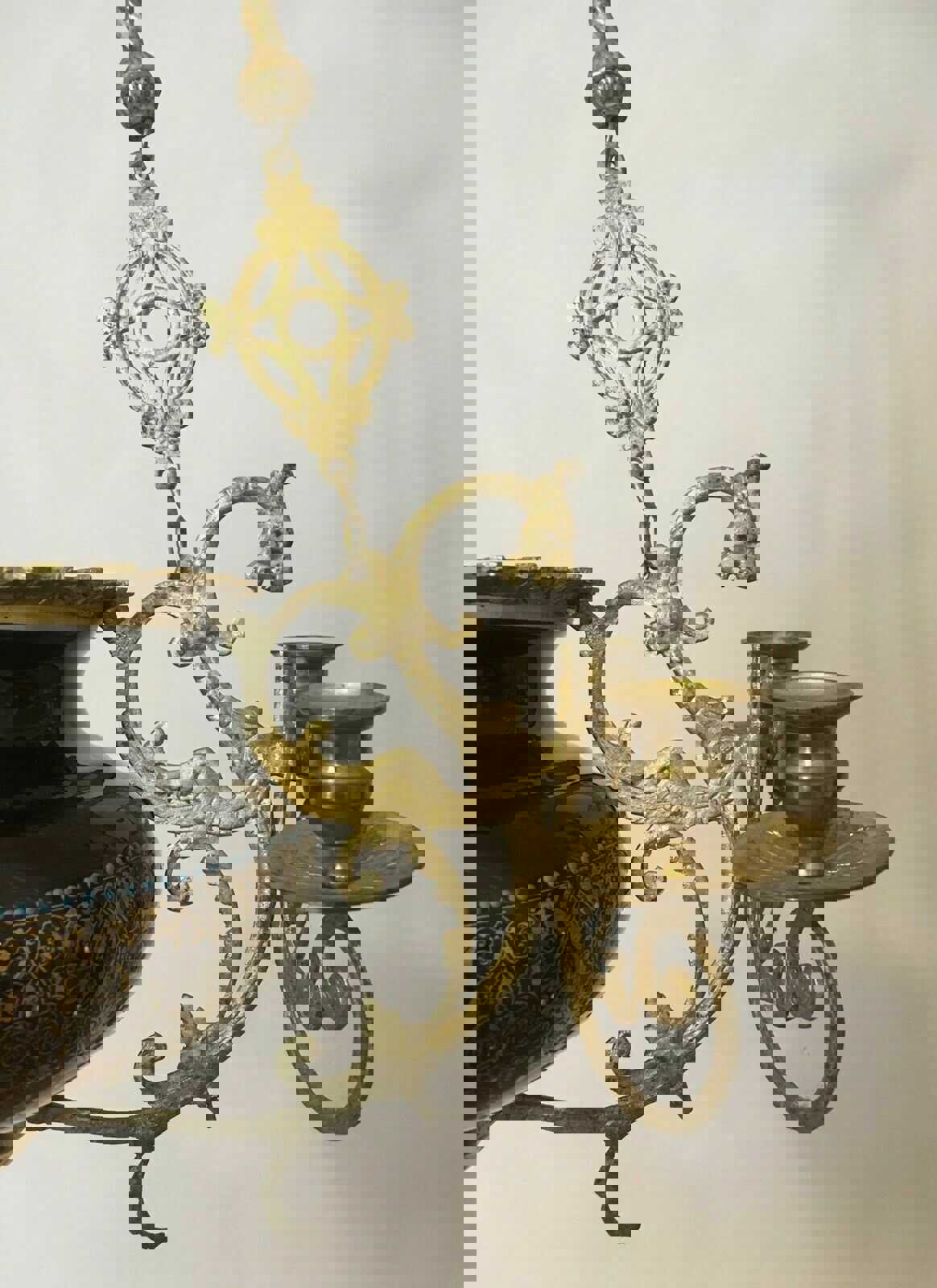 Antique French CHOISY LE ROI Faience Dragon Gothic Castle Chandelier Candles