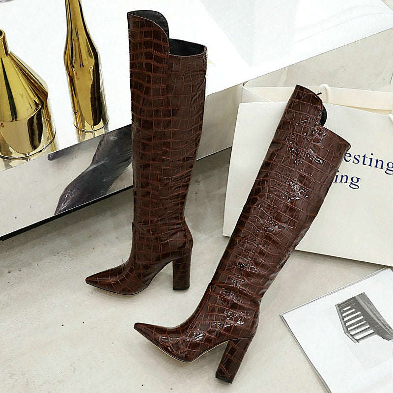 Llyge Women's Fashion Over The Knee Boots in Black, Brown, Wine Red, and White - Patent PU Leather Winter Shoes with Pointed Toe and Square Heel