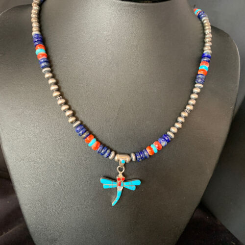 Dragonfly Sterling Silver Turquoise Coral Inlay Multi-Color Pendant