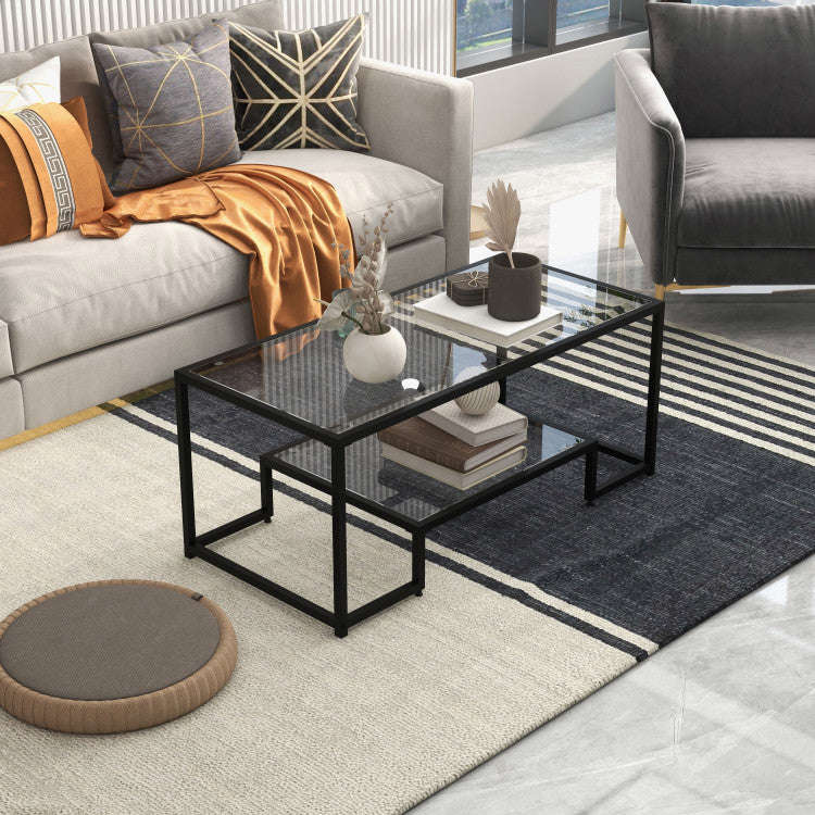 Modern 2-Tier Rectangular Coffee Table with Tempered Glass Top