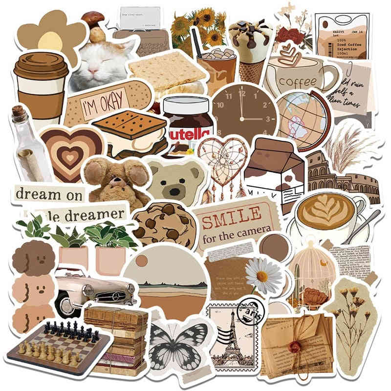 10/30/60 Pieces Vintage Brown Sticker Aesthetic PVC Laptop Sketchbook Childrens Stationery Decoration Scrapbooking School Supplies