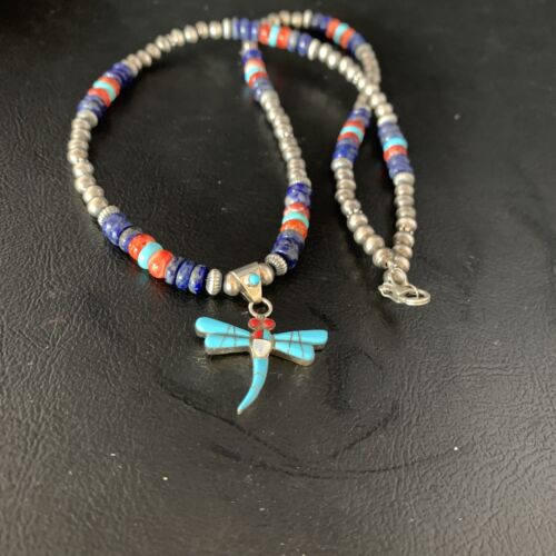 Dragonfly Sterling Silver Turquoise Coral Inlay Multi-Color Pendant