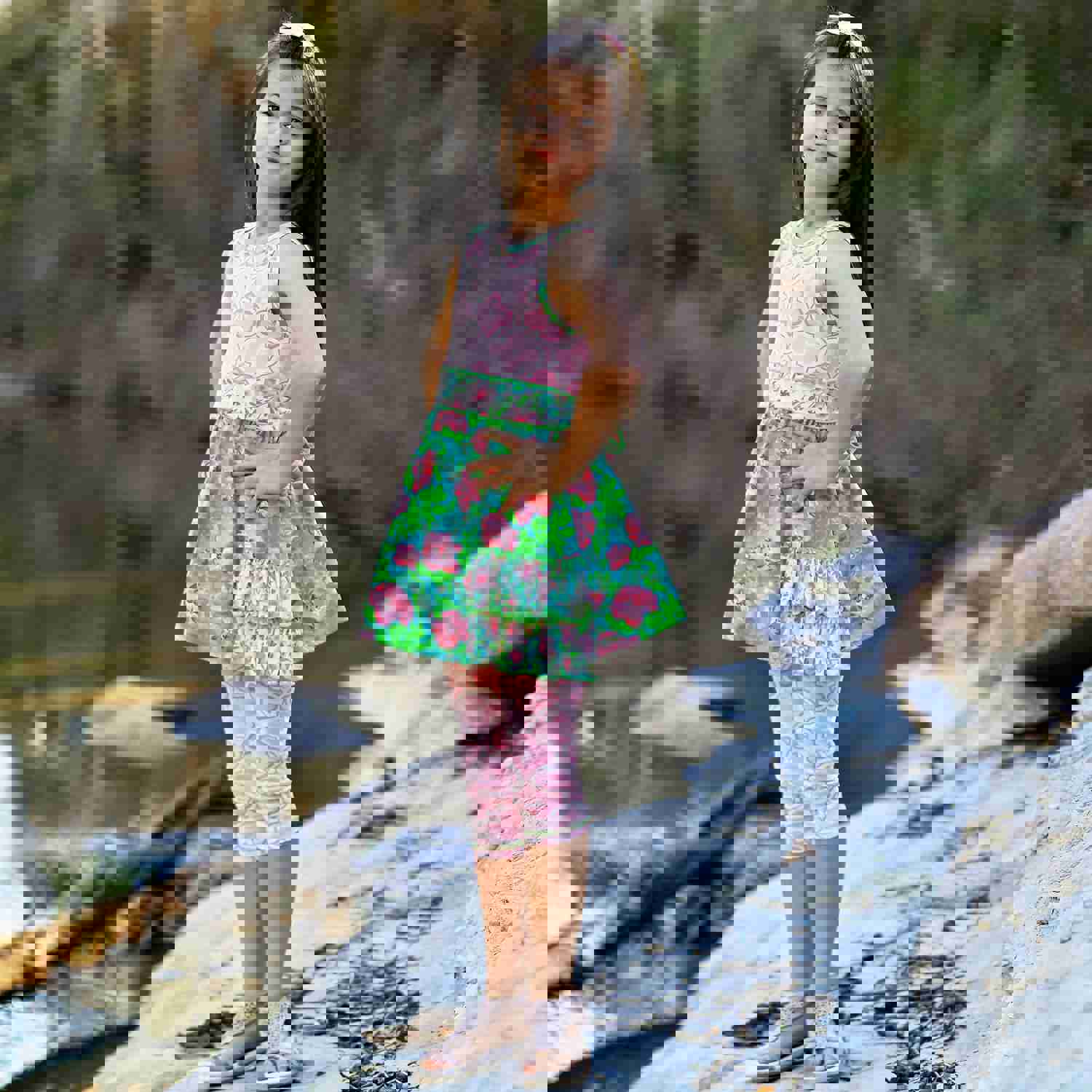 AnnLoren Little Toddler Big Girls Floral Dress Leggings Boutique Clothing Set