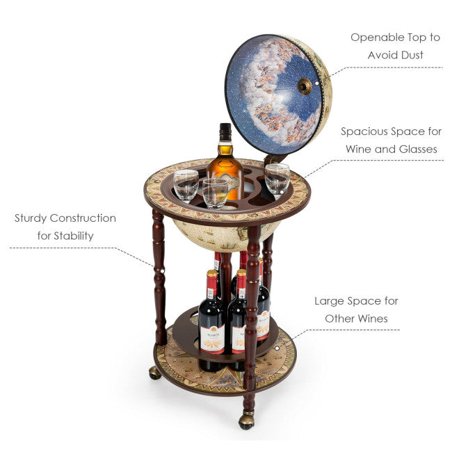 17 Inch Italian Style Solid Wood Globe Liquor Bottle Wine Rack with Wheels