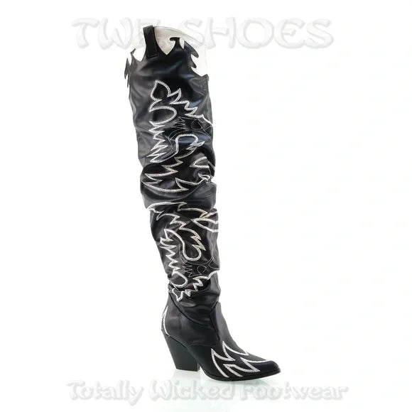Kelsey 21 Rock Star Black & White Western Slouch OTK Thigh High Cowboy Boots