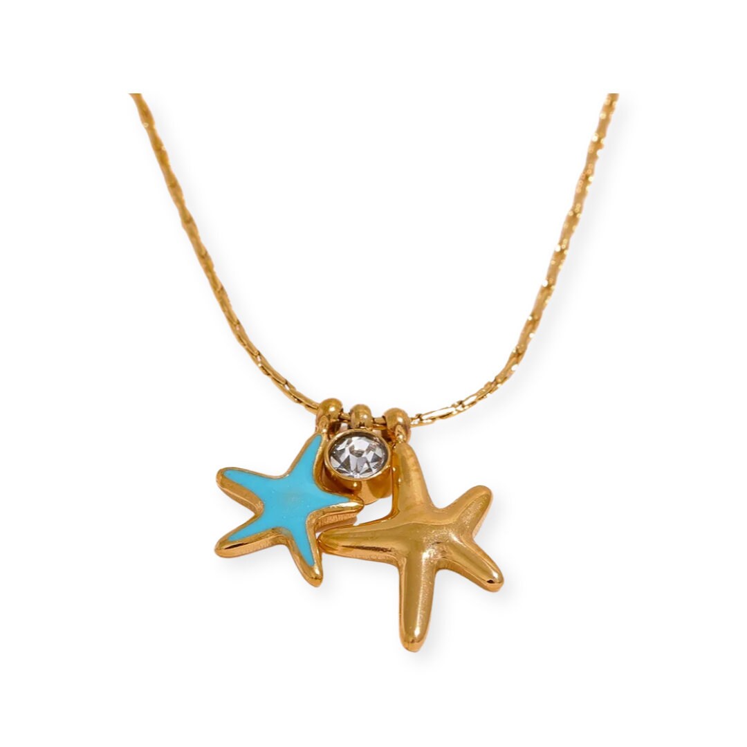 Enchanting Cove Starfish Necklace - Gold & Turquoise with CZ Crystal Drop