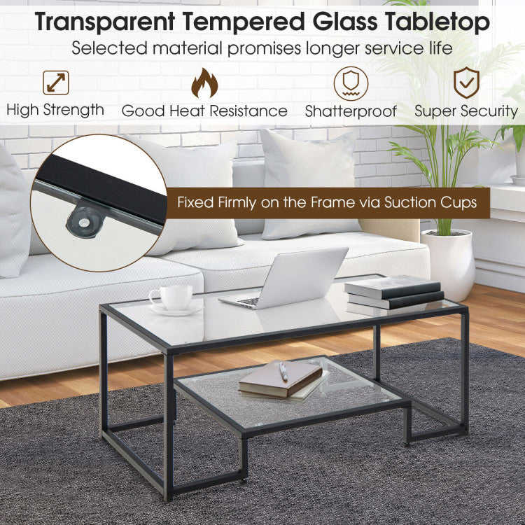 Modern 2-Tier Rectangular Coffee Table with Tempered Glass Top