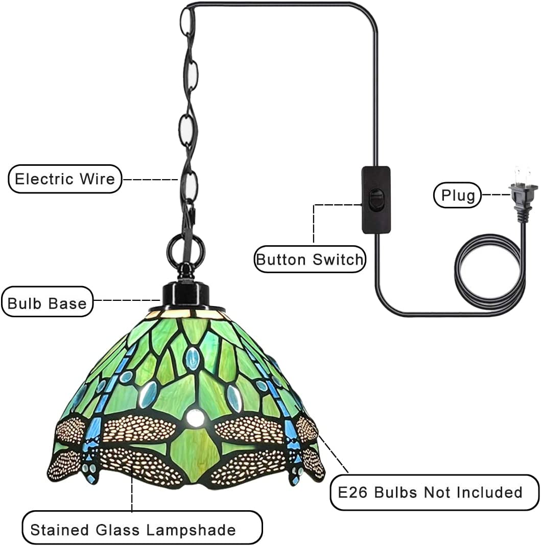 Werfactory® Tiffany Style Plug in Pendant Light Mini Stained Glass Dragonfly Chandelier