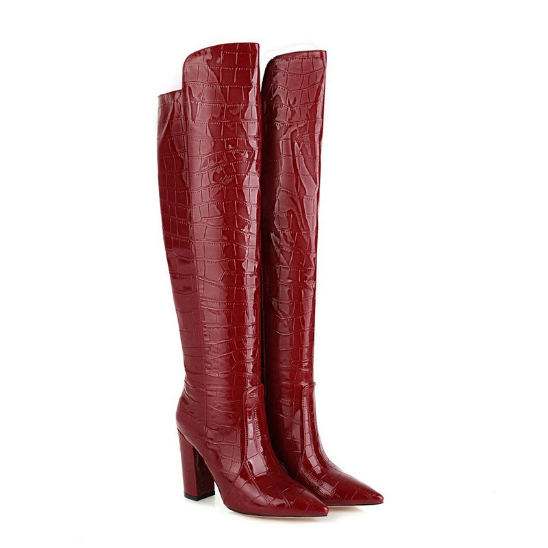 Llyge Women's Fashion Over The Knee Boots in Black, Brown, Wine Red, and White - Patent PU Leather Winter Shoes with Pointed Toe and Square Heel