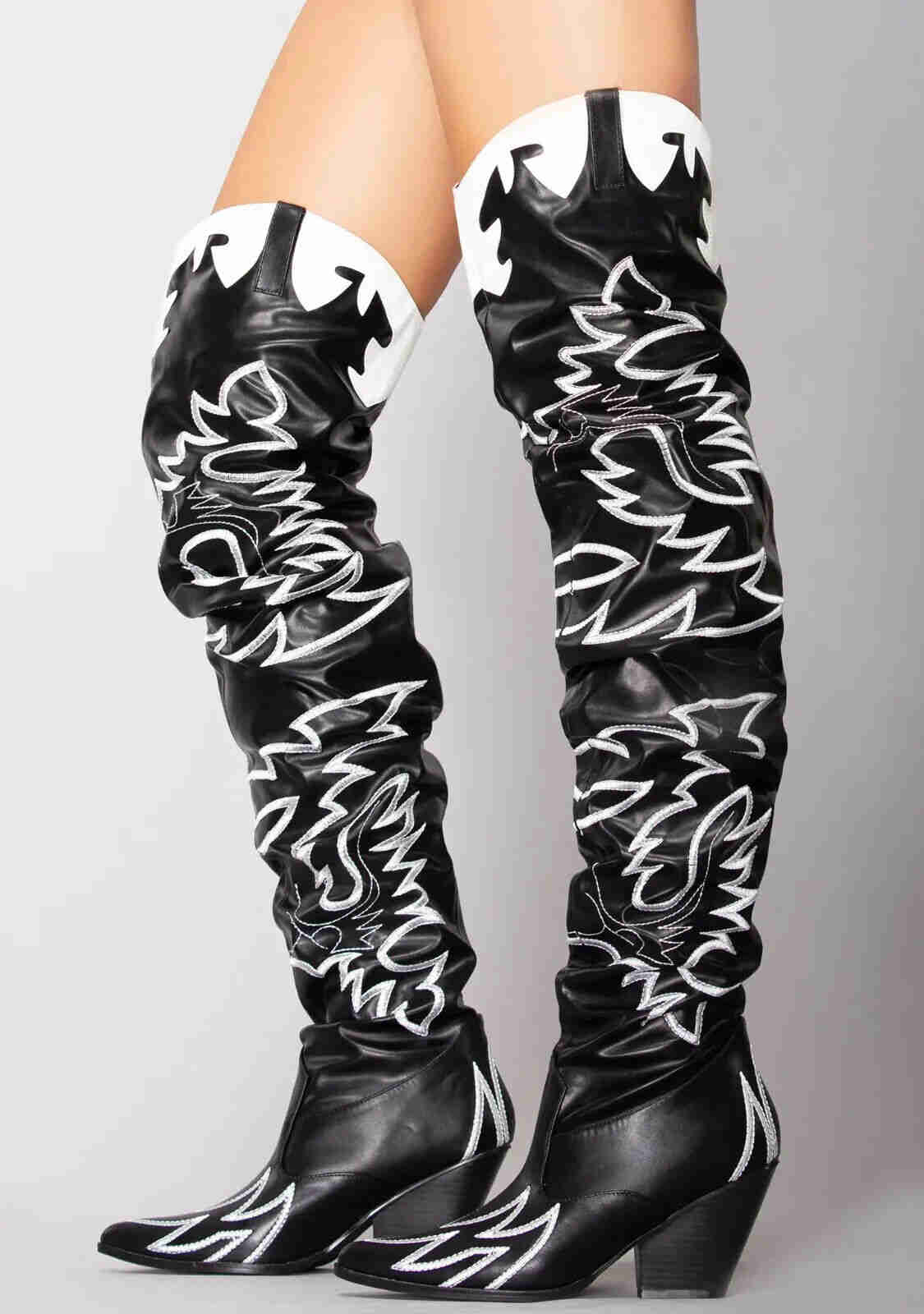 Kelsey 21 Rock Star Black & White Western Slouch OTK Thigh High Cowboy Boots