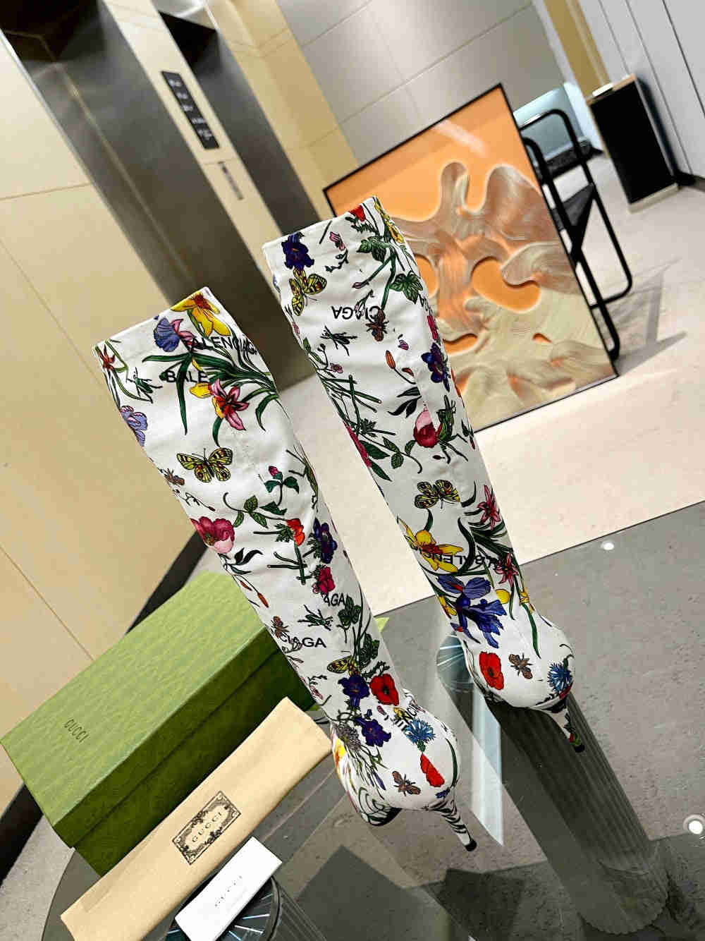 GU vs *BAL Boots High Above Knee with 3 Style Flowers Stretch - 8.5CM Heels