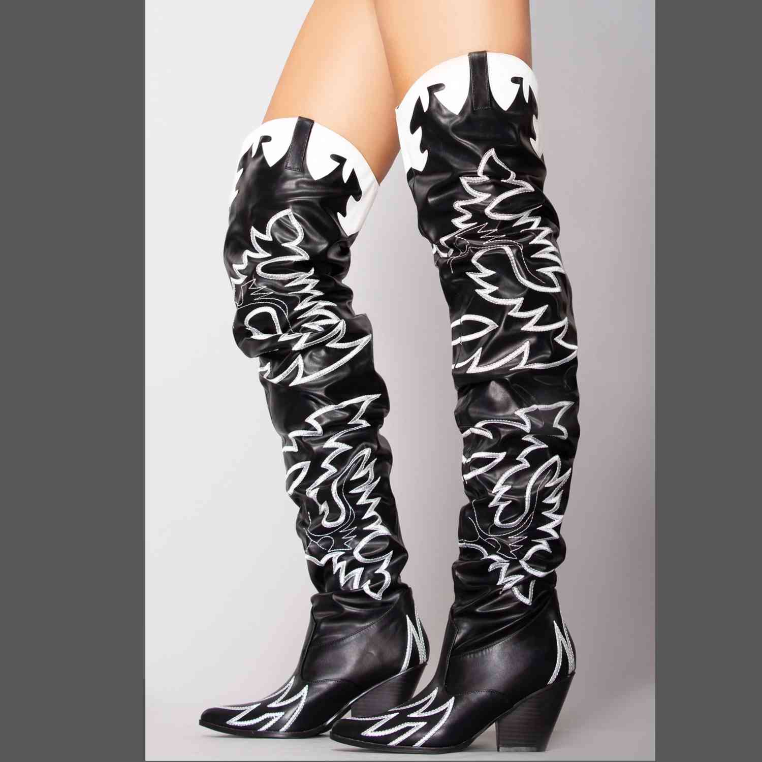 Kelsey 21 Rock Star Black & White Western Slouch OTK Thigh High Cowboy Boots