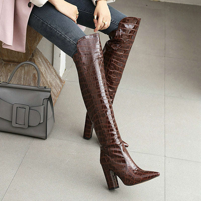 Llyge Women's Fashion Over The Knee Boots in Black, Brown, Wine Red, and White - Patent PU Leather Winter Shoes with Pointed Toe and Square Heel