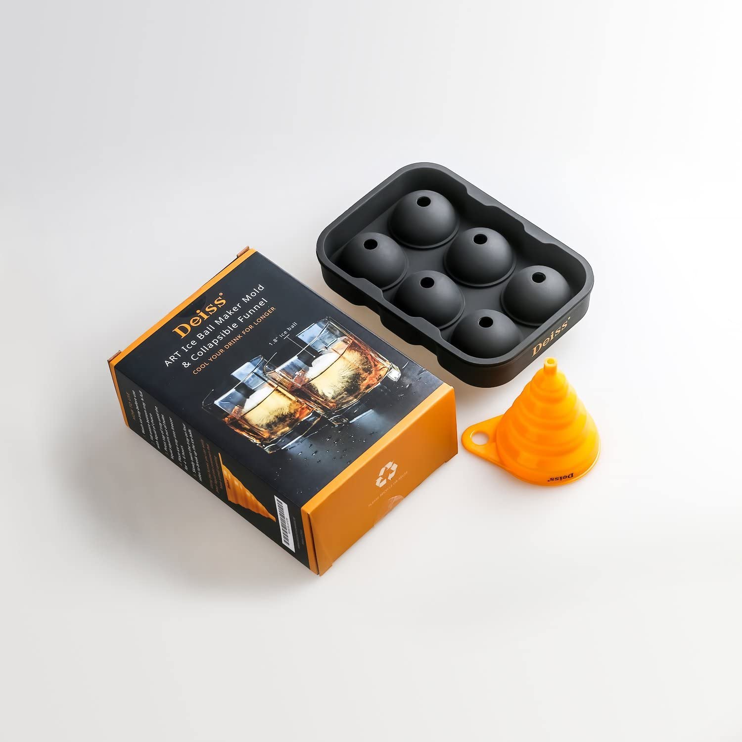 Deiss ART Ice Ball Maker Mold & Collapsible Funnel — 6 Perfect 1.8 Inch Ice Spheres in Flexible Silicone Tray