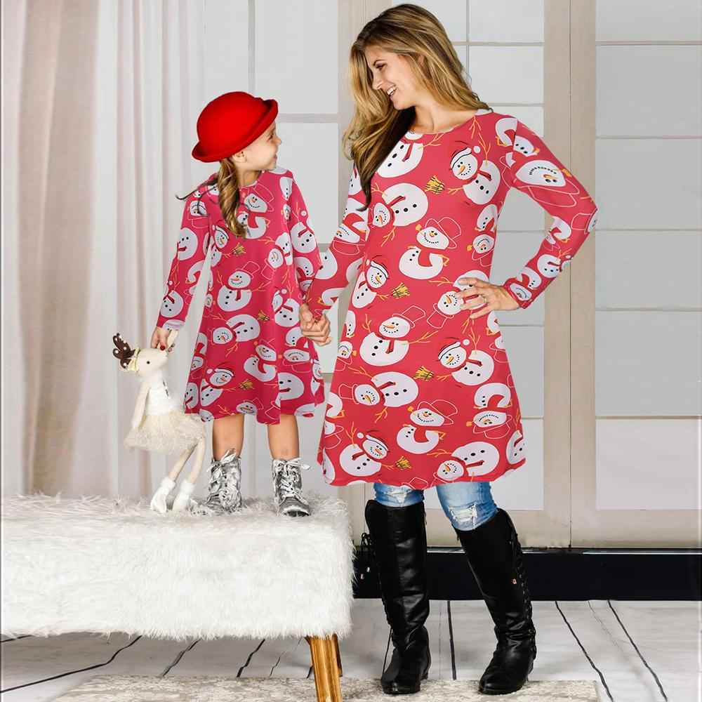 Fashion Christmas Snowman Print Dresses - Long Sleeve Family Outfits