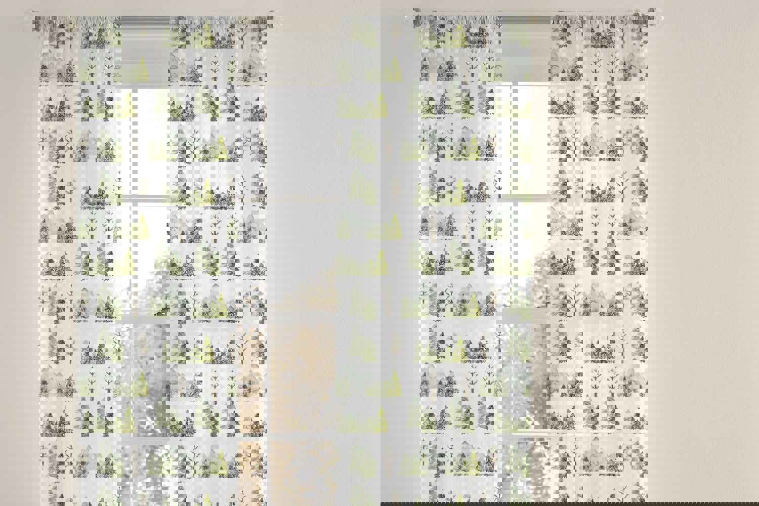 Mountains and Trees Sheer Curtain Single Panel - Wild Green for Nursery and Kids Room