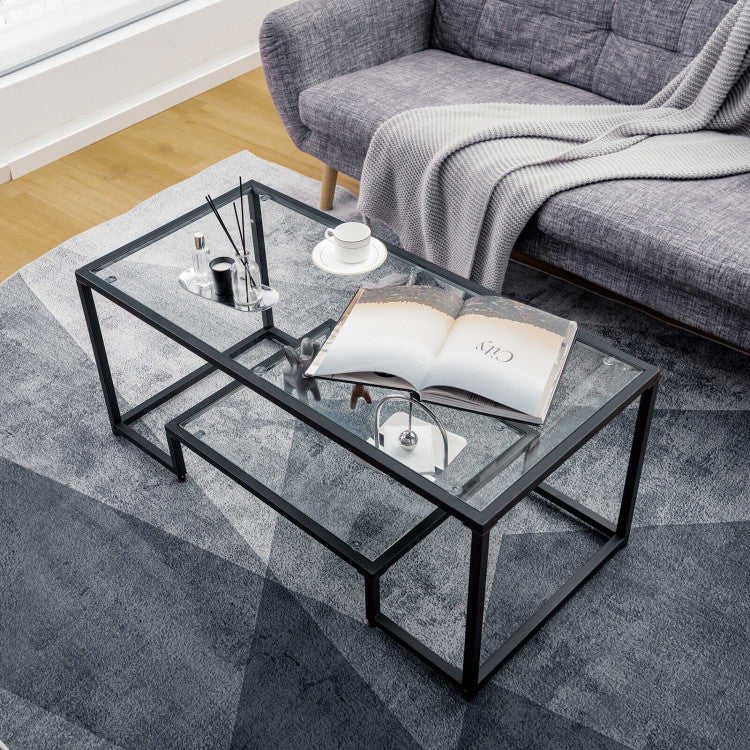 Modern 2-Tier Rectangular Coffee Table with Tempered Glass Top