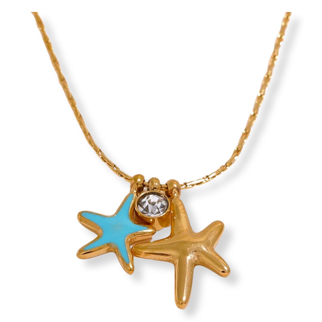 Enchanting Cove Starfish Necklace - Gold & Turquoise with CZ Crystal Drop