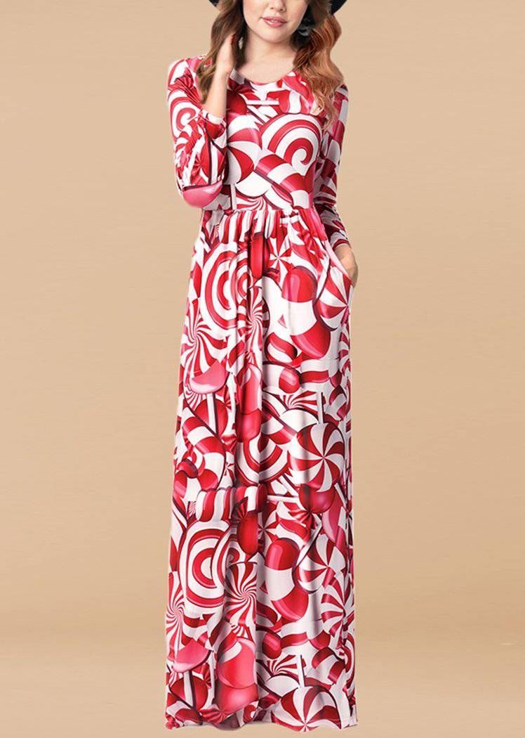 Fashion Red Candies Printing Long Sleeve Christmas Maxi Dress for Women