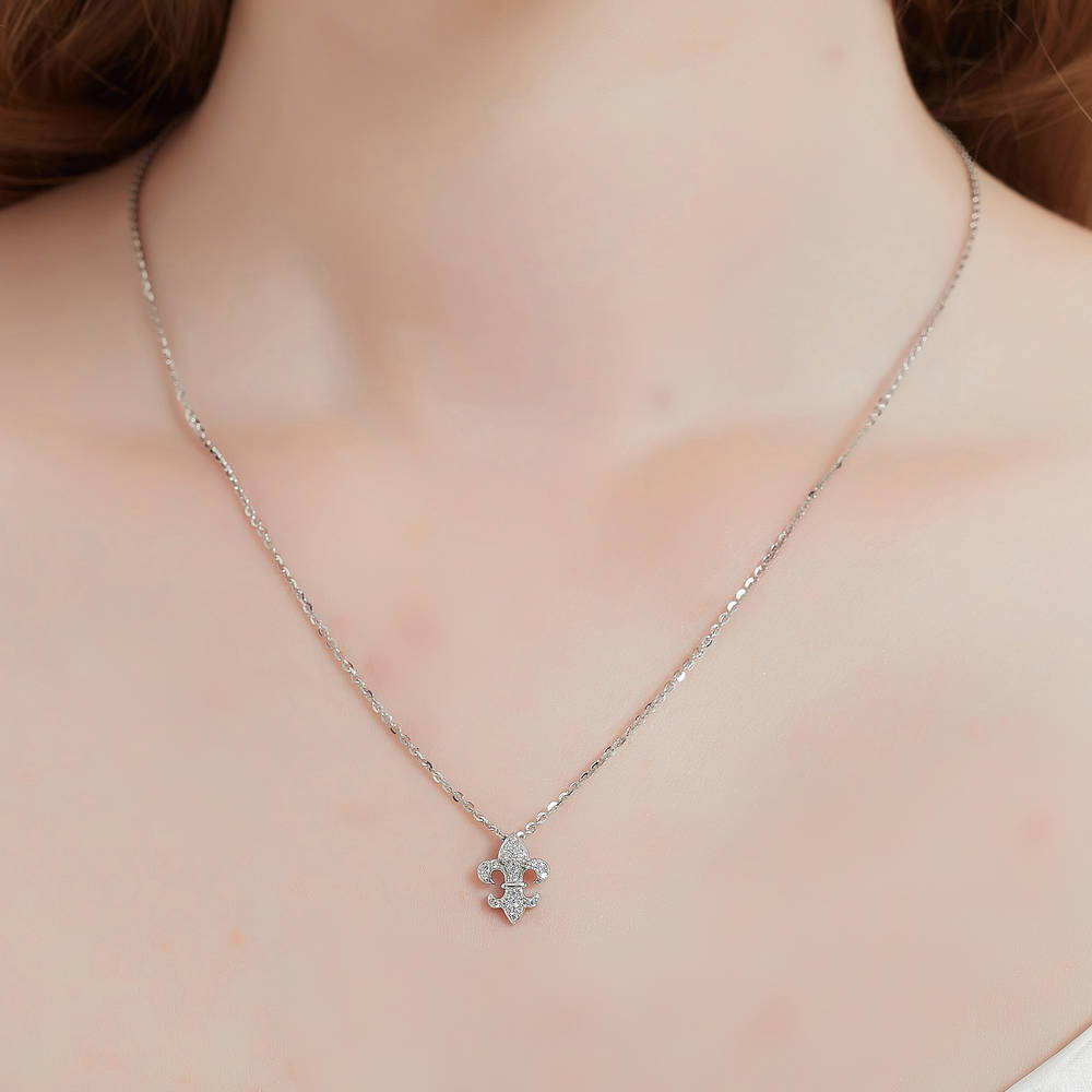 Fleur De Lis CZ Pendant Necklace in Sterling Silver
