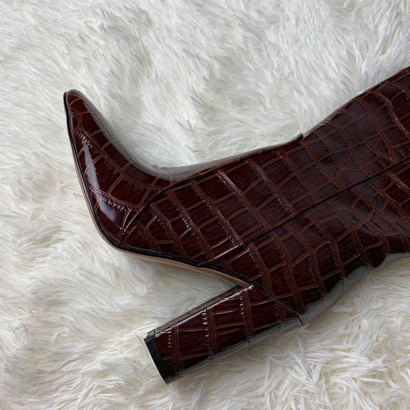 Llyge Women's Fashion Over The Knee Boots in Black, Brown, Wine Red, and White - Patent PU Leather Winter Shoes with Pointed Toe and Square Heel