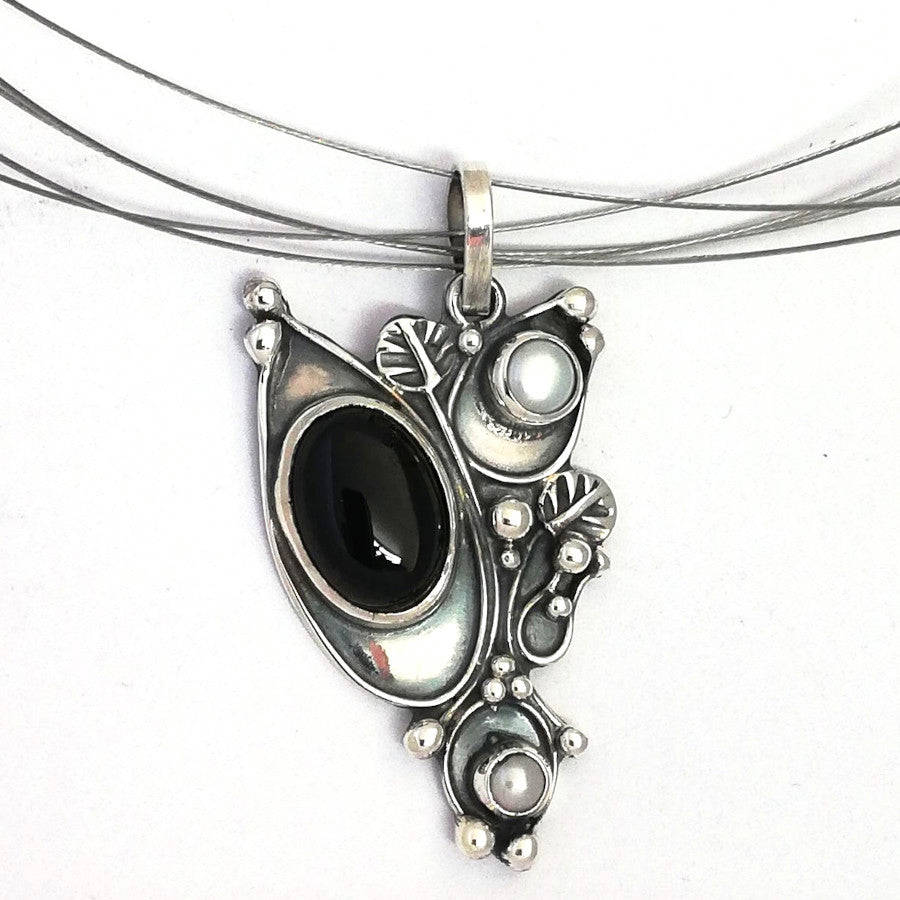 Elegant Silver 950 Jewelry Set with Pearls and Onyx - Perfect Christmas Gift for Women