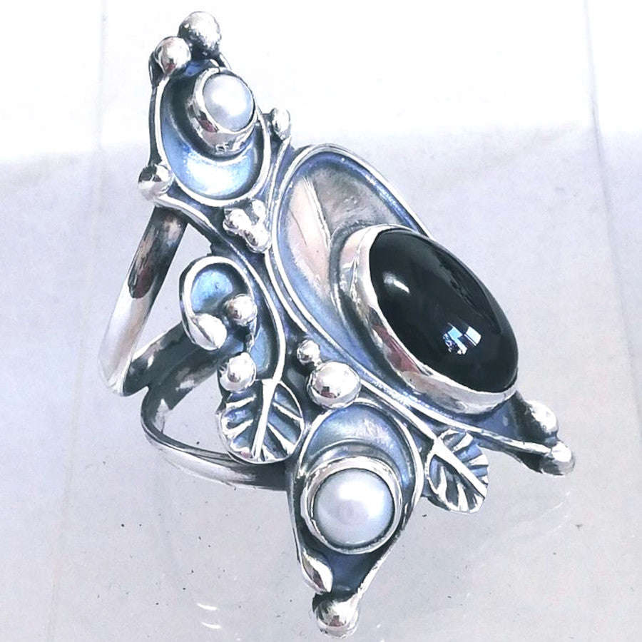 Elegant Silver 950 Jewelry Set with Pearls and Onyx - Perfect Christmas Gift for Women
