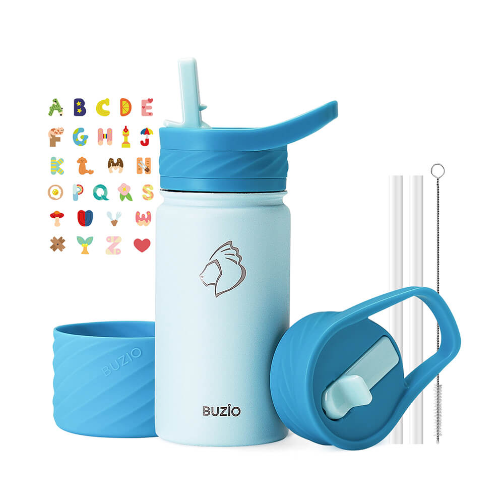 BUZIO Kids Insulated Water Bottle with Boot and Stickers - 14oz