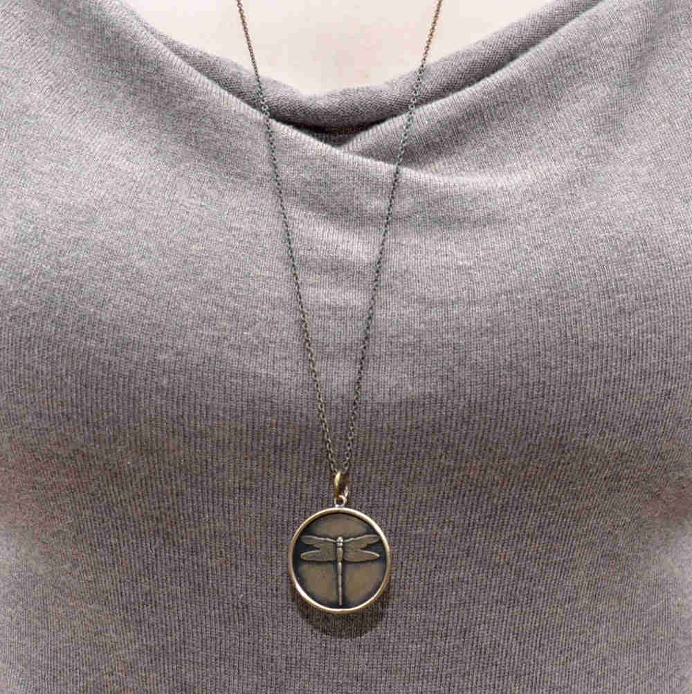 Personalized Gold Dragonfly Necklace with Engraved Disc Pendant