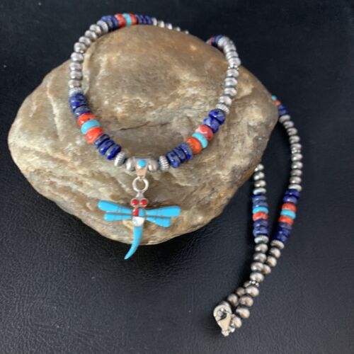 Dragonfly Sterling Silver Turquoise Coral Inlay Multi-Color Pendant