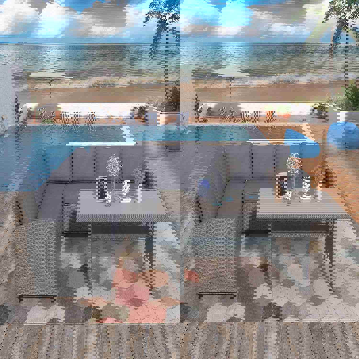 TOPMAX Patio Outdoor Furniture PE Rattan Wicker Conversation Set with Table & Cushions (Grey)