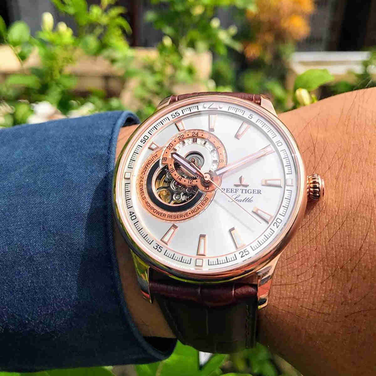 Reef Tiger Automatic Tourbillon Luxury Watch for Men - Stainless Steel Case & Sapphire Crystal