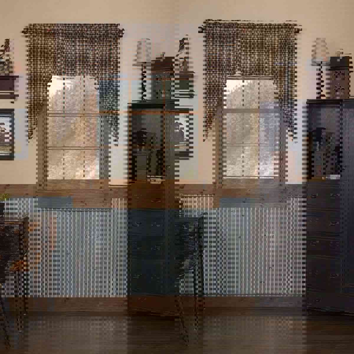 Bingham Plaid Swag Curtain Set - 2 Panels, 100% Cotton, Black/Tan/Red Plaid