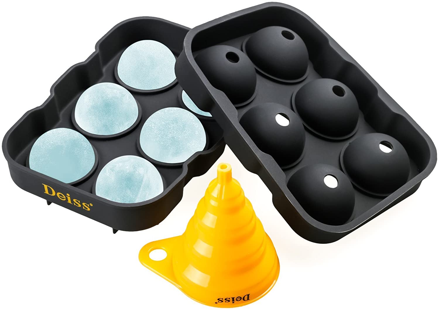 Deiss ART Ice Ball Maker Mold & Collapsible Funnel — 6 Perfect 1.8 Inch Ice Spheres in Flexible Silicone Tray