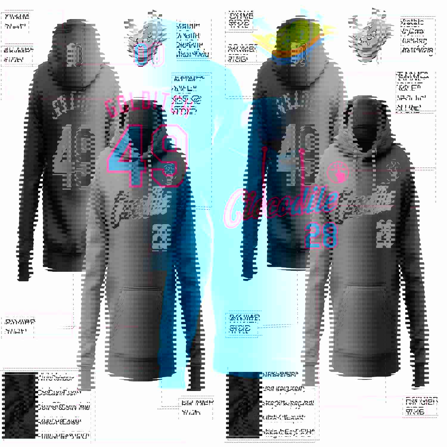Custom Stitched Black Sky Blue-Pink Gradient Fashion Sports Pullover Sweatshirt Hoodie