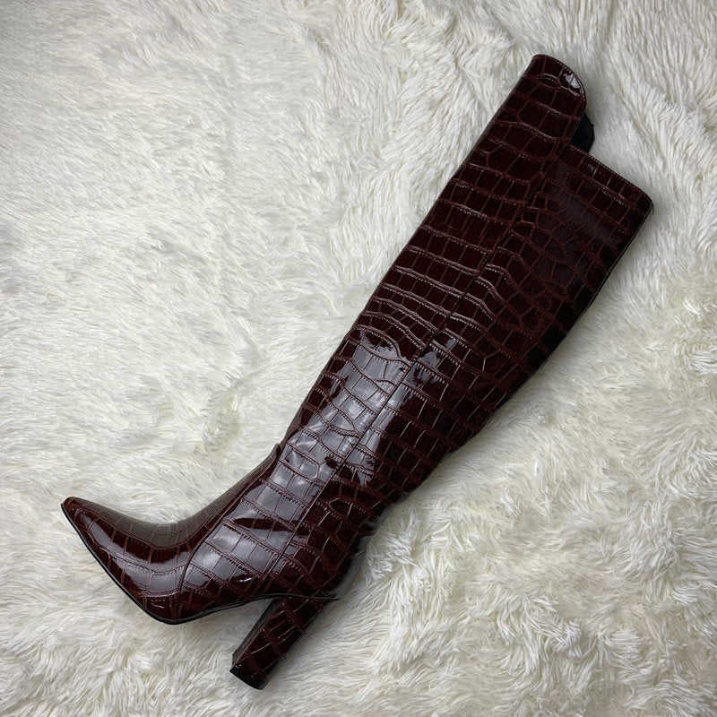 Llyge Women's Fashion Over The Knee Boots in Black, Brown, Wine Red, and White - Patent PU Leather Winter Shoes with Pointed Toe and Square Heel