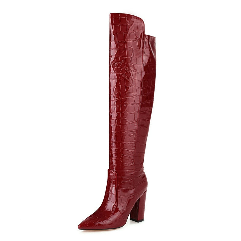 Llyge Women's Fashion Over The Knee Boots in Black, Brown, Wine Red, and White - Patent PU Leather Winter Shoes with Pointed Toe and Square Heel