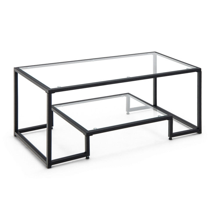 Modern 2-Tier Rectangular Coffee Table with Tempered Glass Top
