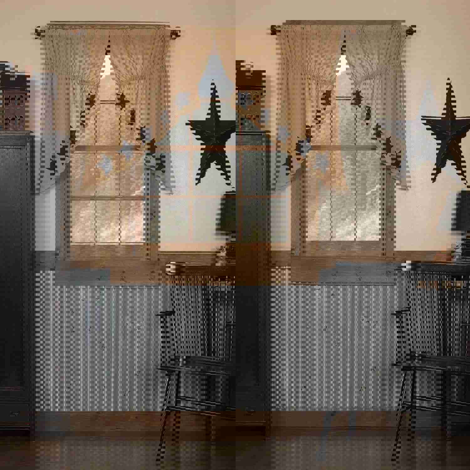 Burlap Natural Black Stencil Star Prairie Swag Curtains