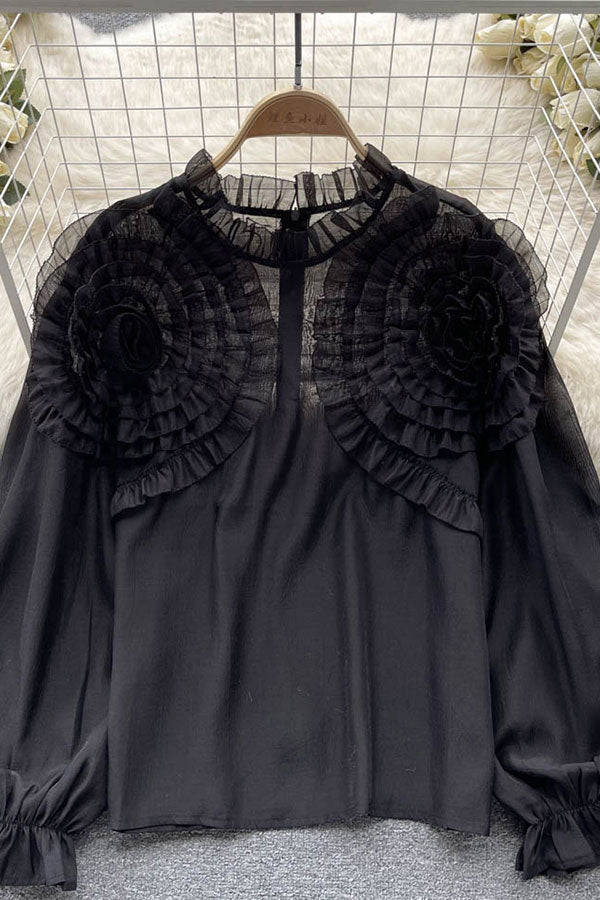 3D Flower Design Urban Lantern Sleeve Blouse