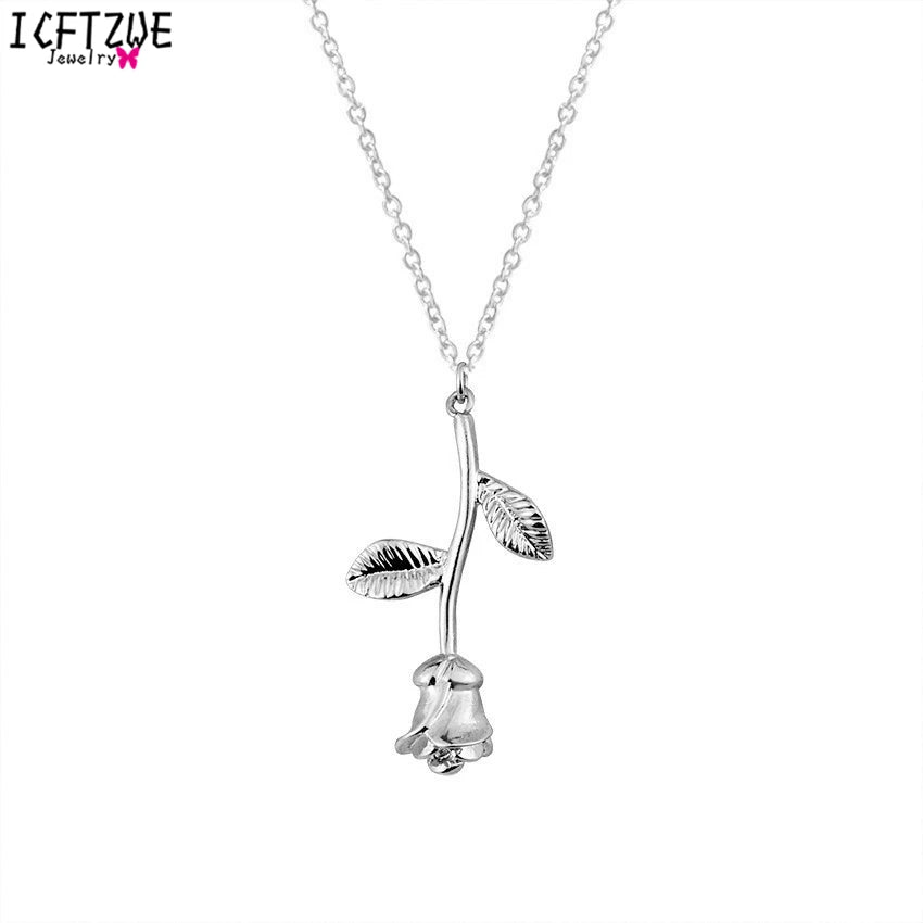 Rose Flower Pendant Necklace - Stainless Steel Long Chain with Pink Rose for Women