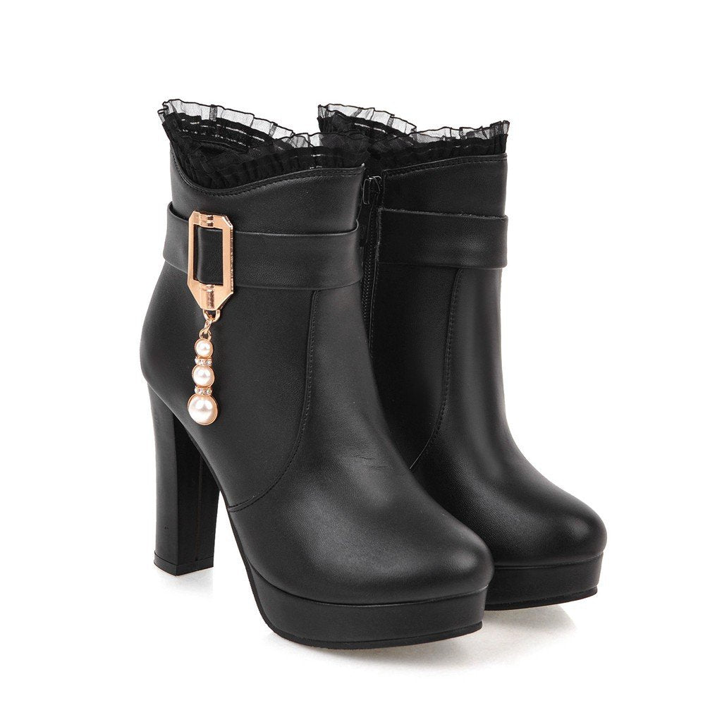 Women's Rhinestone Buckle Strap Lace Flower Platform Chunky Heel Boots